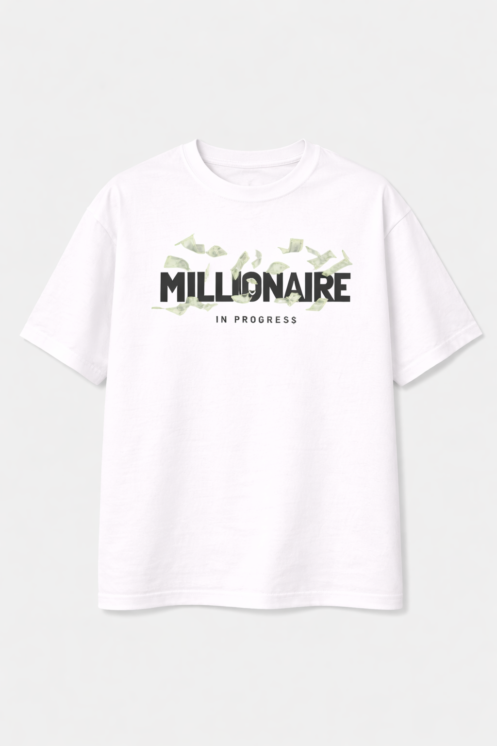 White t-shirt with 'Millionaire in Progress' text on a white background