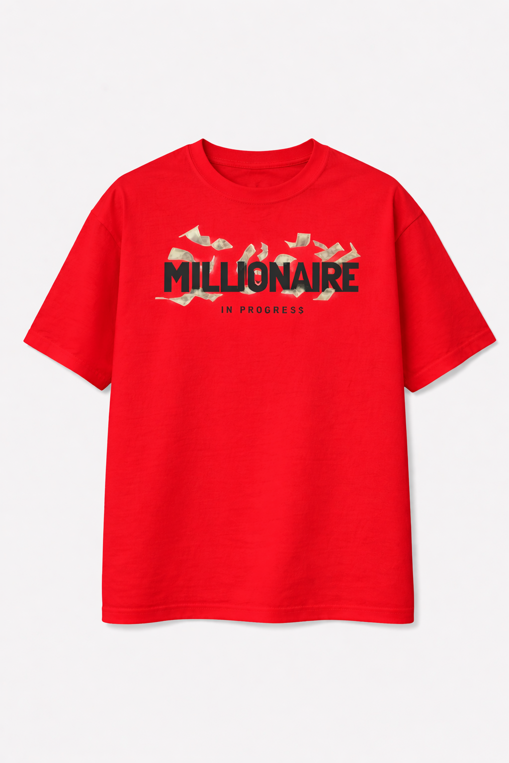 Red t-shirt with 'Millionaire in Progress' text on a white background