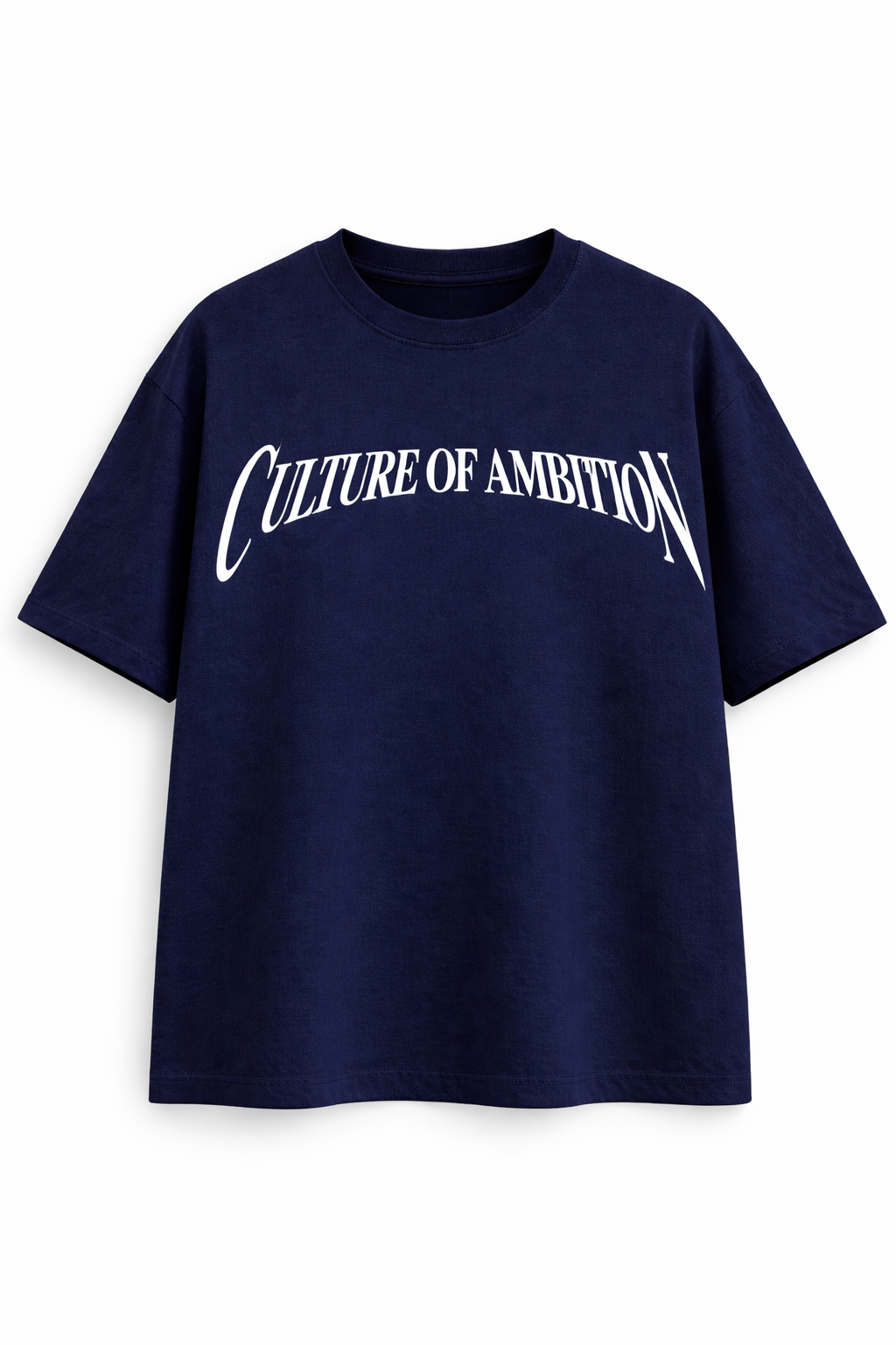 Navy blue t-shirt with 'Culture of Ambition' text on a white background