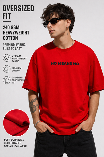 Person wearing a red t-shirt with 'NO MEANS NO' text, featuring product details on a white background.