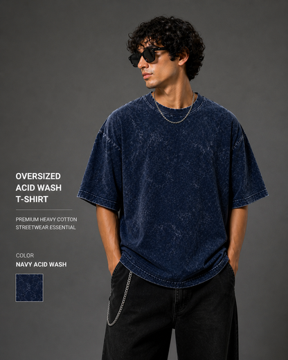 AUREL Premium Acid Wash Oversized T-Shirt Combo (Navy Blue & Red) – 240 GSM Cotton Streetwear | Unisex Drop Shoulder Fit