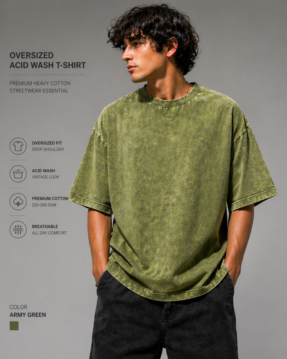 Man wearing an oversized acid wash t-shirt with product details on a gray background