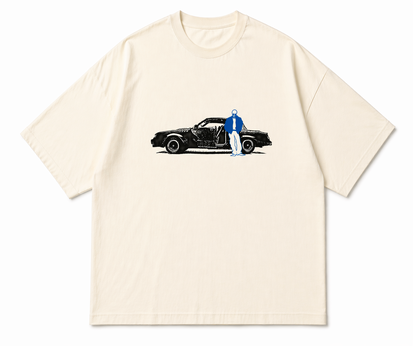 Beige t-shirt with a graphic of a person standing next to a car on a white background