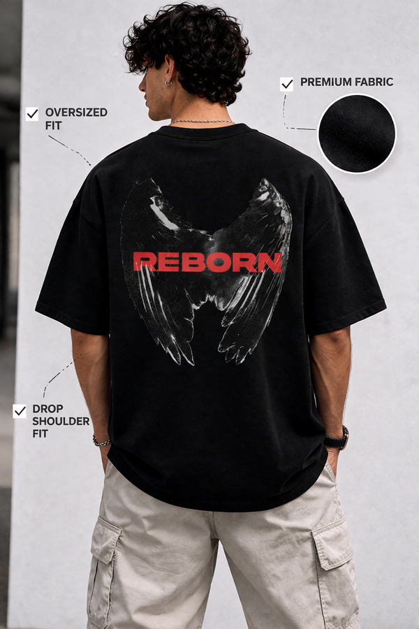 Person wearing a black t-shirt with 'REBORN' design on the back, standing against a white background with text about fabric and fit.