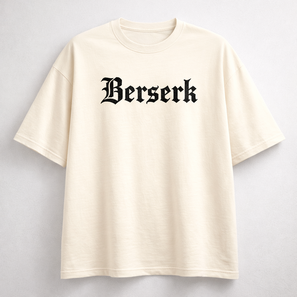 Beige t-shirt with 'Berserk' text on a light gray background