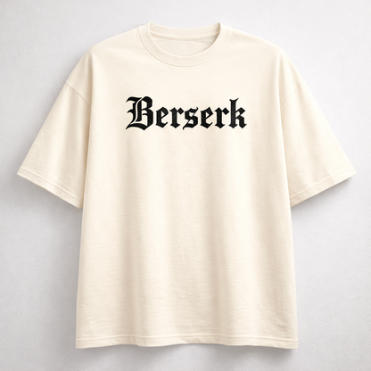 Beige t-shirt with 'Berserk' text on a light gray background