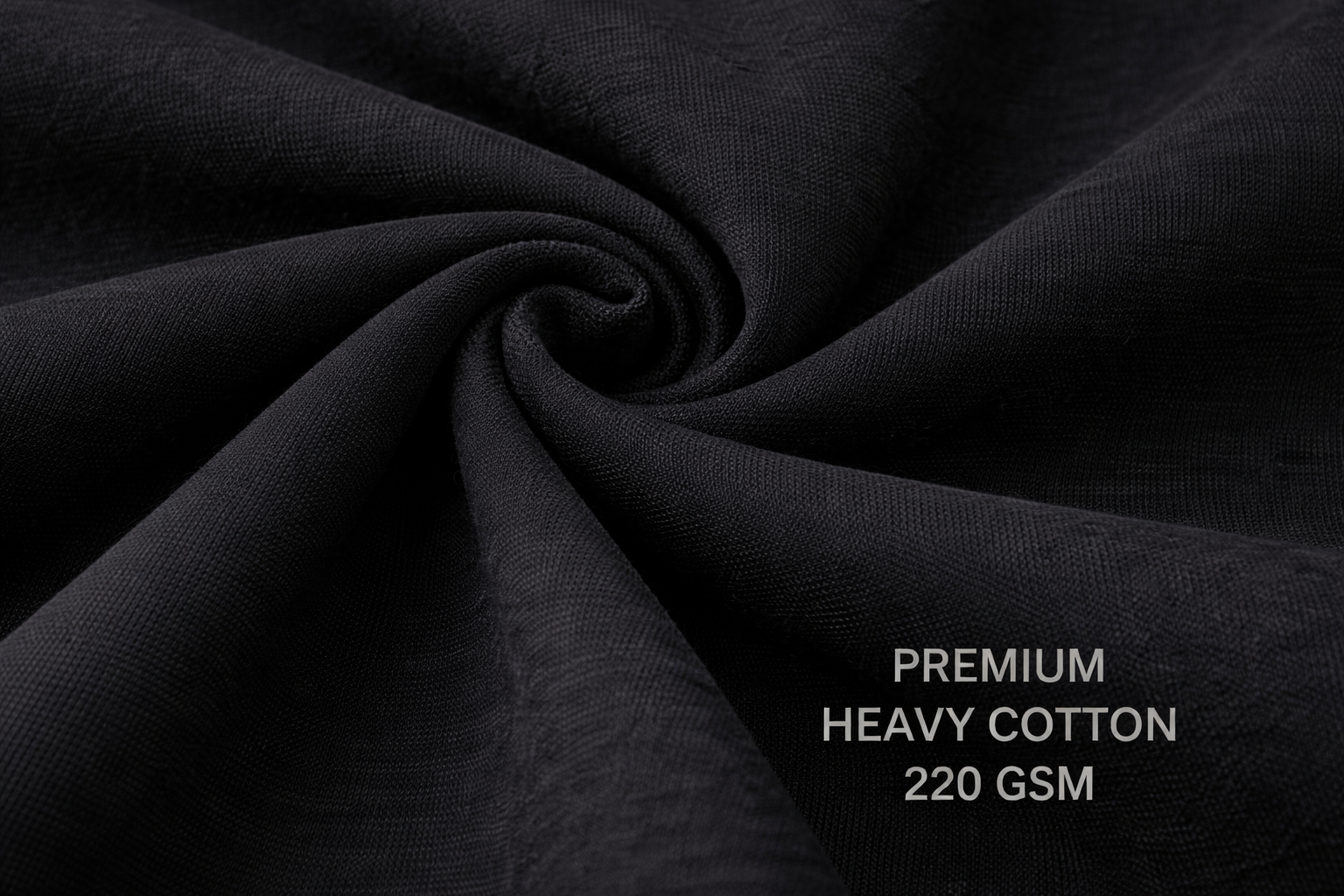 Close-up of black premium heavy cotton fabric with weight information.
