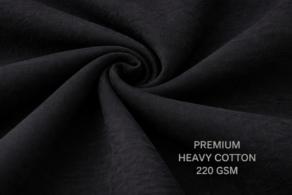 Close-up of black premium heavy cotton fabric with weight information.