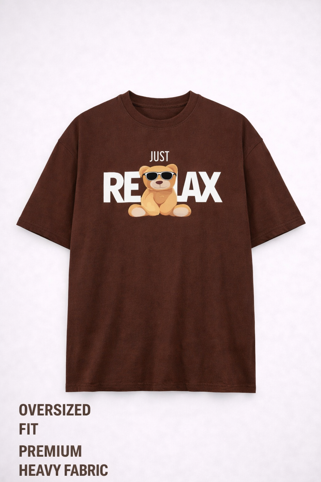 Brown t-shirt with a bear graphic and text on a white background