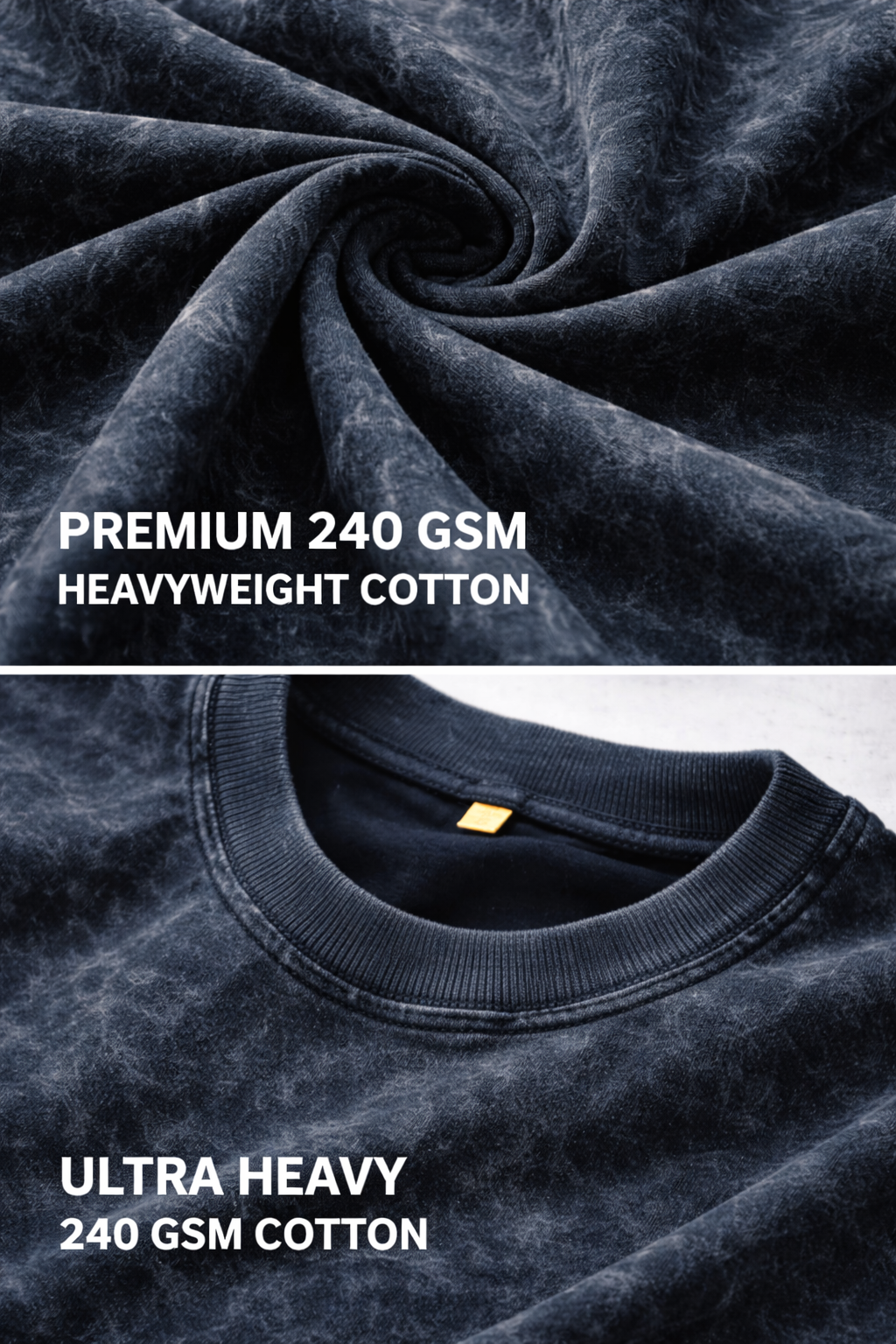 Close-up of premium 240 GSM heavyweight cotton fabric with a branded tag.