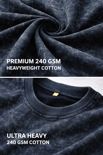 Close-up of premium 240 GSM heavyweight cotton fabric with a branded tag.
