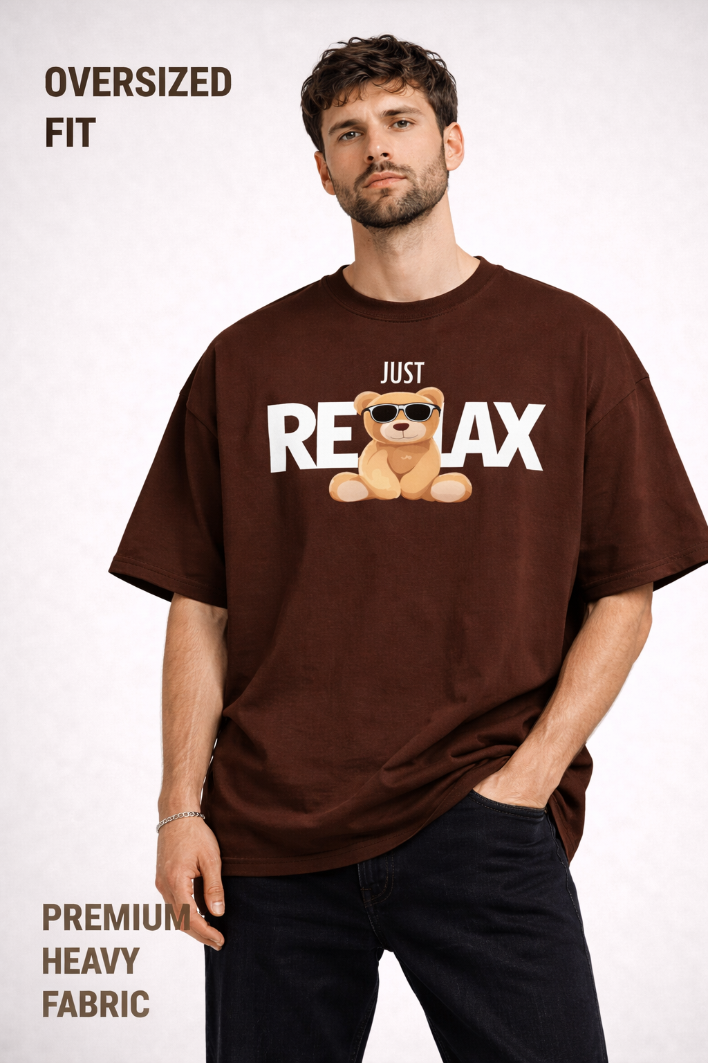 Man wearing a brown t-shirt with a bear graphic and text on a white background