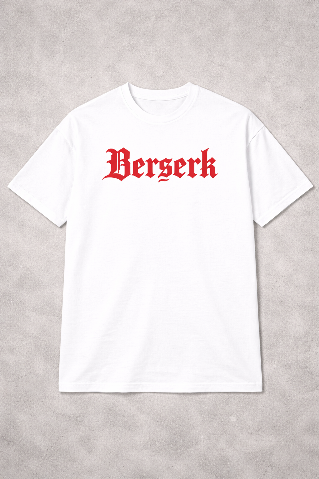 White t-shirt with 'Berserk' text in red on a gray background