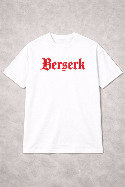 White t-shirt with 'Berserk' text in red on a gray background