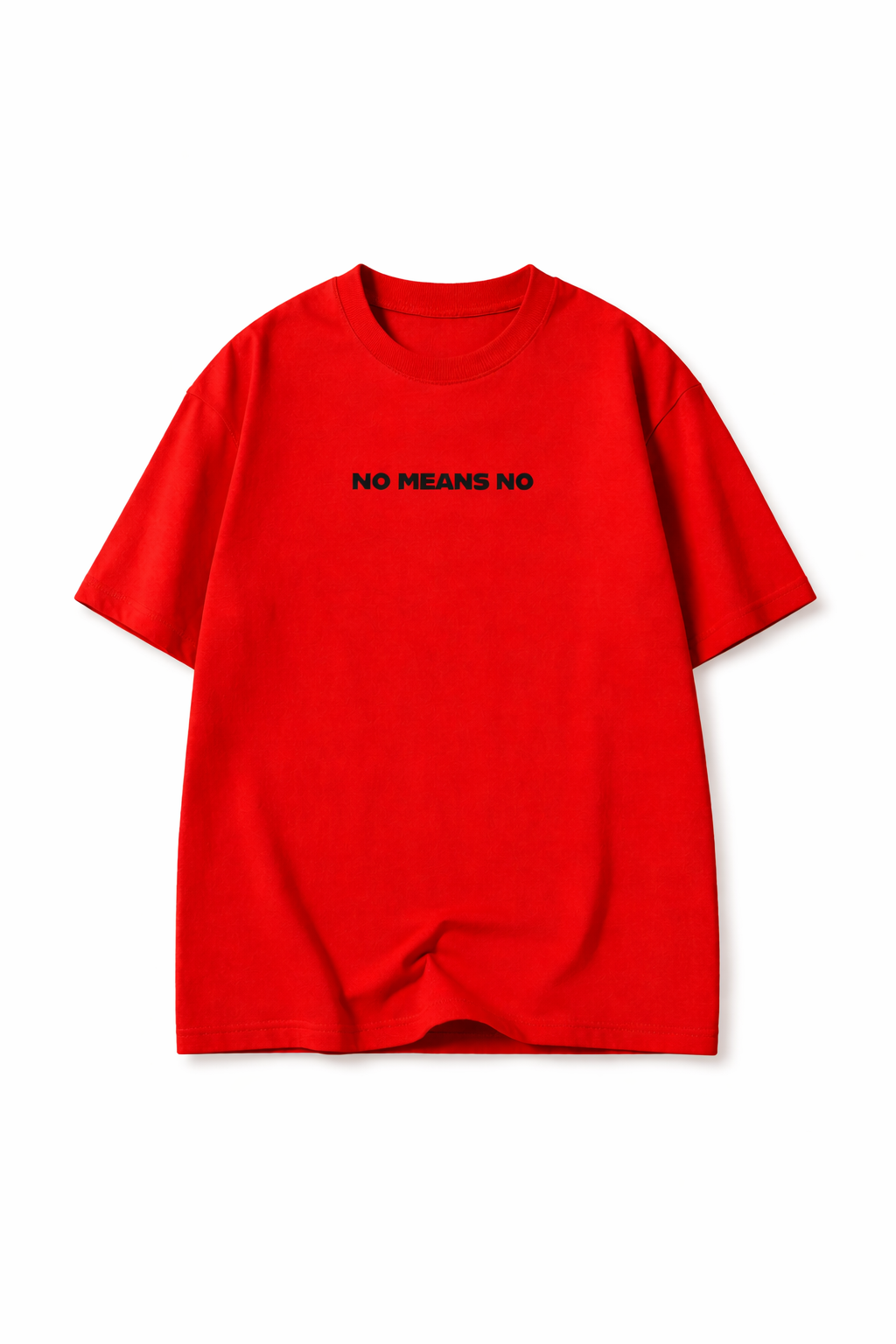 Red t-shirt with 'NO MEANS NO' text on a white background
