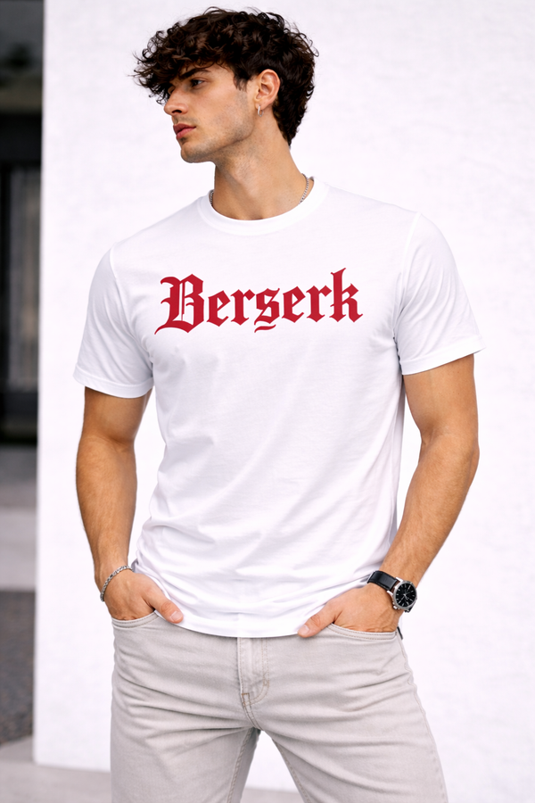 Man wearing a white t-shirt with 'Berserk' printed in red on a plain background