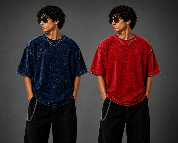 AUREL Premium Acid Wash Oversized T-Shirt Combo (Navy Blue & Red) – 240 GSM Cotton Streetwear | Unisex Drop Shoulder Fit