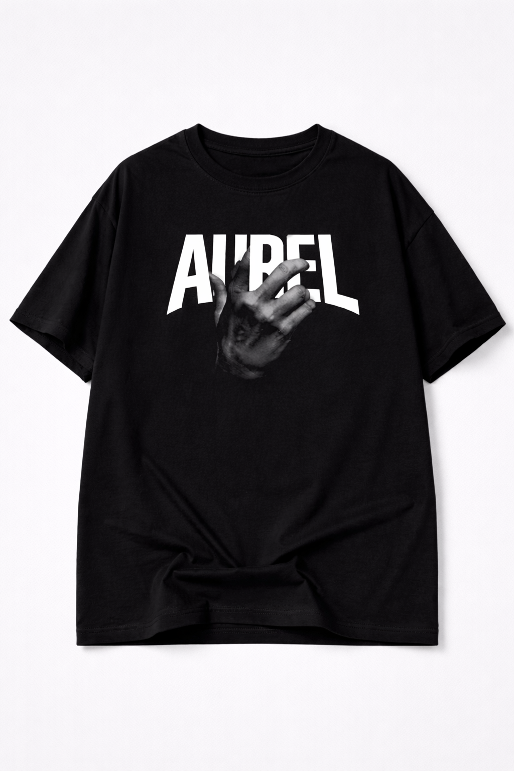 Black t-shirt with 'Aurel' printed on it against a white background