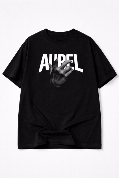 Black t-shirt with 'Aurel' printed on it against a white background