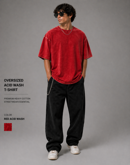 AUREL Premium Acid Wash Oversized T-Shirt Combo (Navy Blue & Red) – 240 GSM Cotton Streetwear | Unisex Drop Shoulder Fit