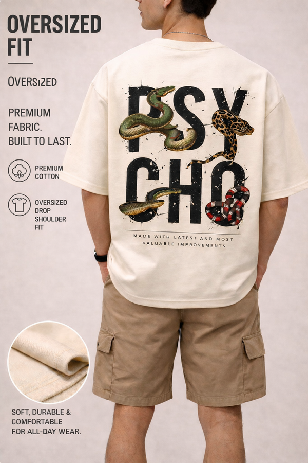 Person wearing a t-shirt with snake graphic and text, standing against a plain background.